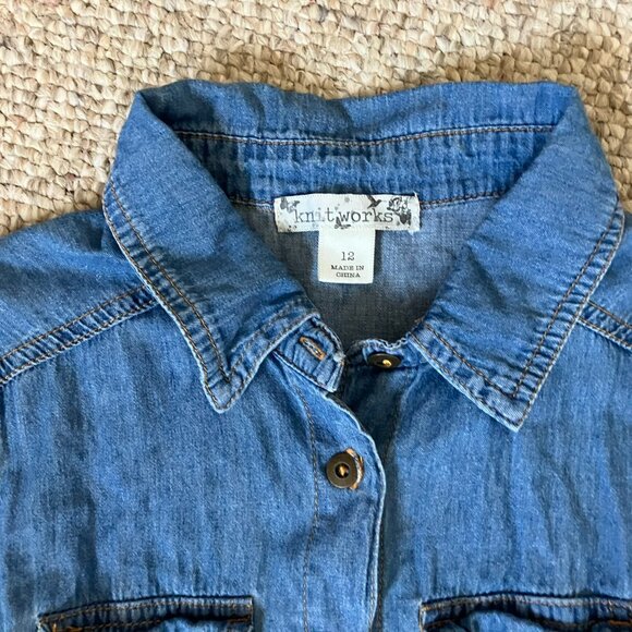 Knit Works Denim Cifon Flared Girls Dress 12 Knitworks Blue White - Picture 3 of 9